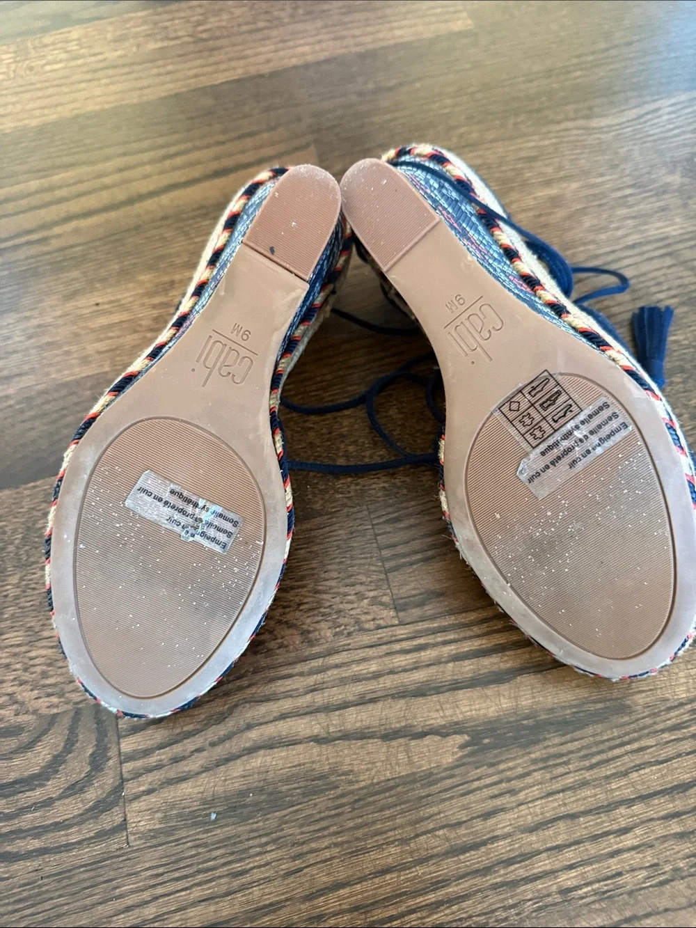 CAbi Navy Suede Espadrille Wedge with Patterned Platform